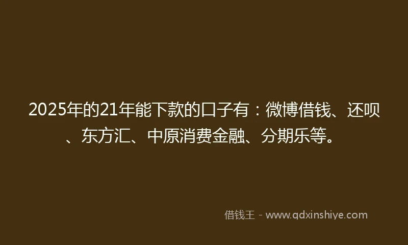 2025年的21年能下款的口子有：微博借钱、还呗、东方汇、中原消费金融、分期乐等。