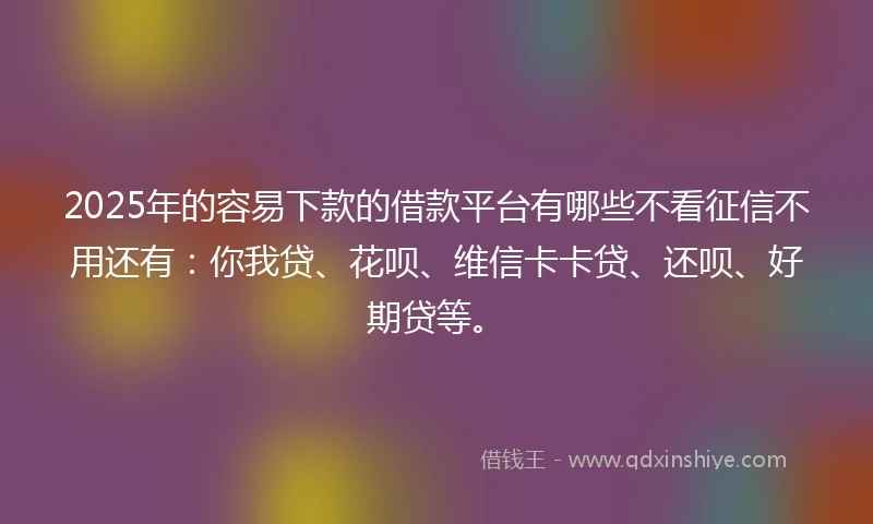 2025年的容易下款的借款平台有哪些不看征信不用还有：你我贷、花呗、维信卡卡贷、还呗、好期贷等。