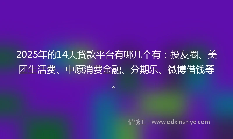 2025年的14天贷款平台有哪几个有：投友圈、美团生活费、中原消费金融、分期乐、微博借钱等。