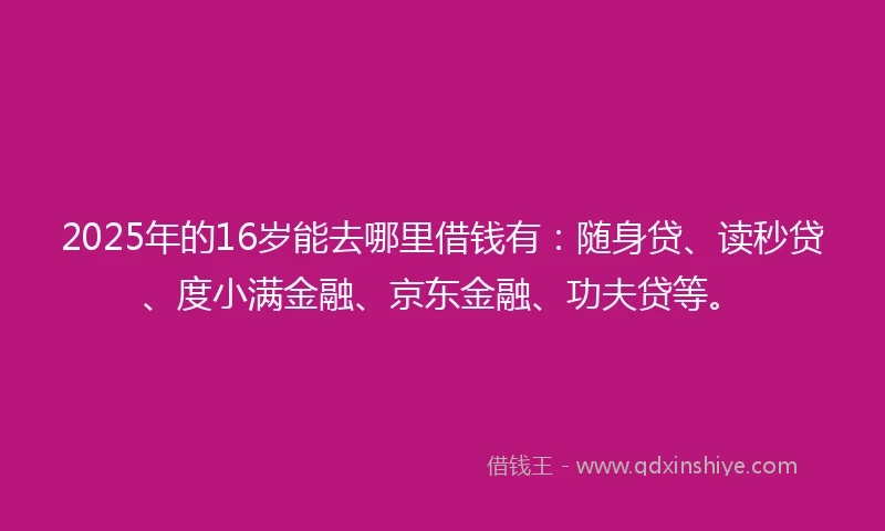 2025年的16岁能去哪里借钱有：随身贷、读秒贷、度小满金融、京东金融、功夫贷等。