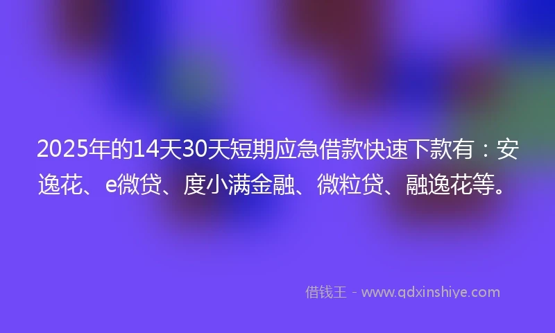 2025年的14天30天短期应急借款快速下款有：安逸花、e微贷、度小满金融、微粒贷、融逸花等。