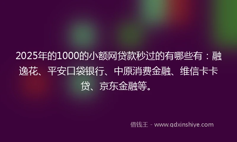 2025年的1000的小额网贷款秒过的有哪些有：融逸花、平安口袋银行、中原消费金融、维信卡卡贷、京东金融等。
