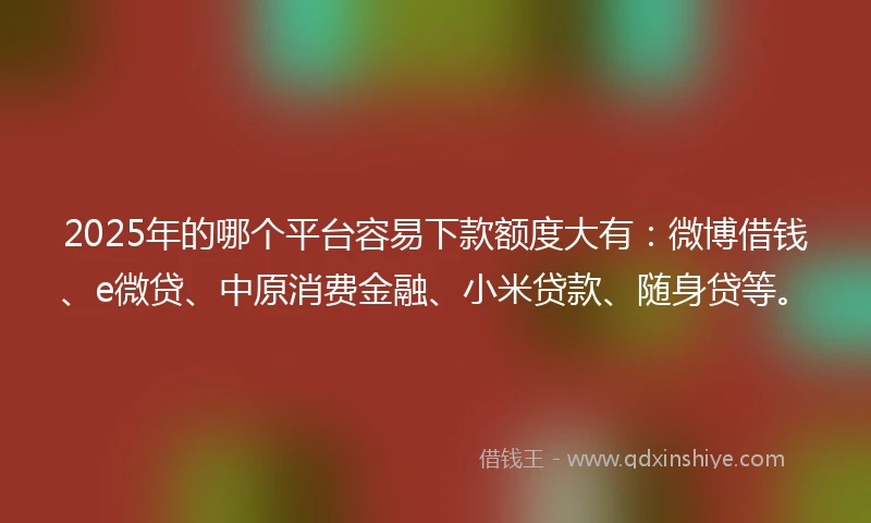 2025年的哪个平台容易下款额度大有：微博借钱、e微贷、中原消费金融、小米贷款、随身贷等。