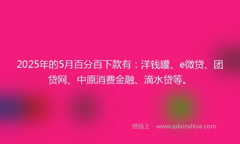 2025年的5月百分百下款有：洋钱罐、e微贷、团贷网、中原消费金融、滴水贷等。