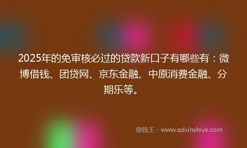 2025年的免审核必过的贷款新口子有哪些有：微博借钱、团贷网、京东金融、中原消费金融、分期乐等。