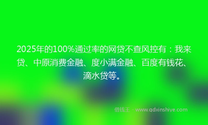 2025年的100%通过率的网贷不查风控有：我来贷、中原消费金融、度小满金融、百度有钱花、滴水贷等。
