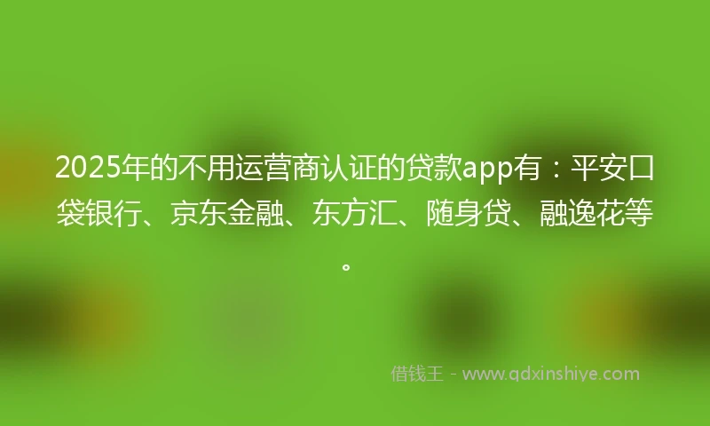 2025年的不用运营商认证的贷款app有：平安口袋银行、京东金融、东方汇、随身贷、融逸花等。