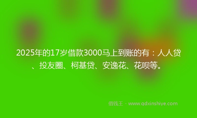 2025年的17岁借款3000马上到账的有：人人贷、投友圈、柯基贷、安逸花、花呗等。