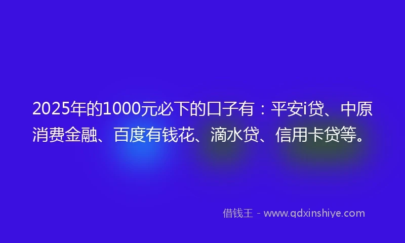 2025年的1000元必下的口子有：平安i贷、中原消费金融、百度有钱花、滴水贷、信用卡贷等。
