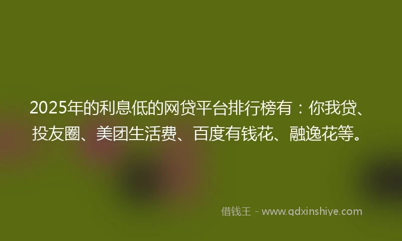 2025年的利息低的网贷平台排行榜有：你我贷、投友圈、美团生活费、百度有钱花、融逸花等。