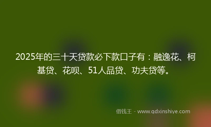 2025年的三十天贷款必下款口子有：融逸花、柯基贷、花呗、51人品贷、功夫贷等。