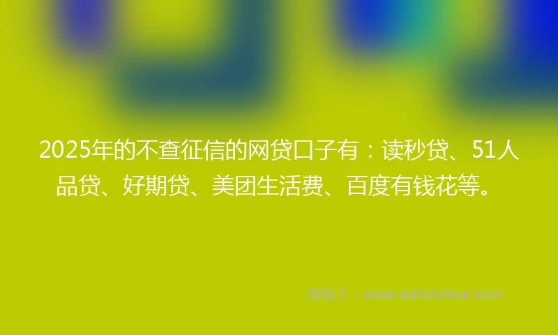 2025年的不查征信的网贷口子有：读秒贷、51人品贷、好期贷、美团生活费、百度有钱花等。