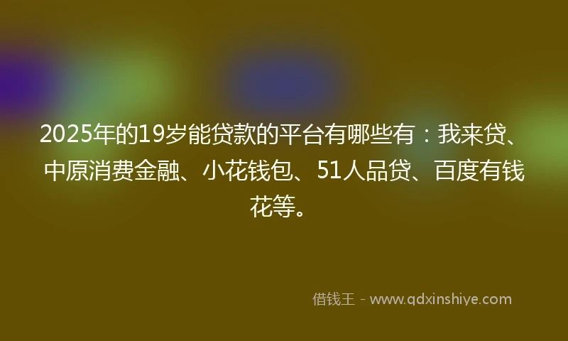 2025年的19岁能贷款的平台有哪些有：我来贷、中原消费金融、小花钱包、51人品贷、百度有钱花等。