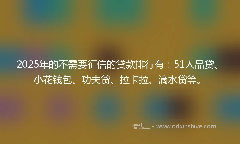 2025年的不需要征信的贷款排行有：51人品贷、小花钱包、功夫贷、拉卡拉、滴水贷等。