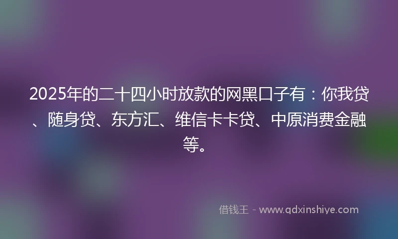 2025年的二十四小时放款的网黑口子有：你我贷、随身贷、东方汇、维信卡卡贷、中原消费金融等。
