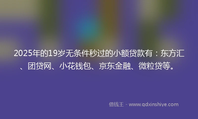 2025年的19岁无条件秒过的小额贷款有：东方汇、团贷网、小花钱包、京东金融、微粒贷等。