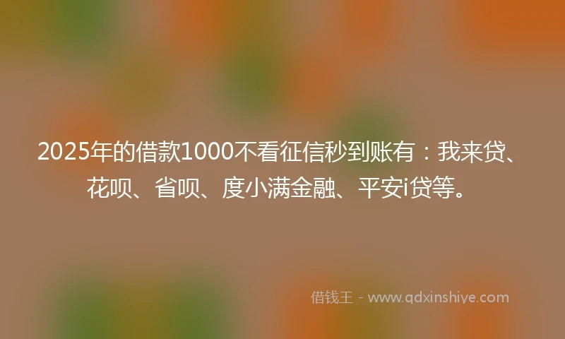 2025年的借款1000不看征信秒到账有：我来贷、花呗、省呗、度小满金融、平安i贷等。