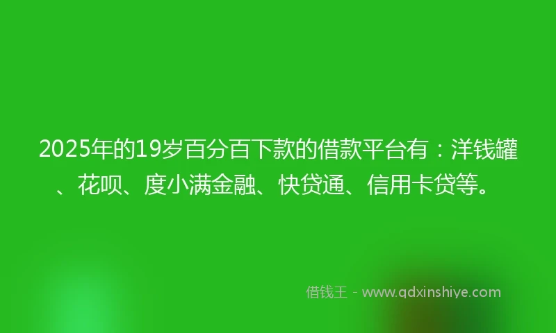 2025年的19岁百分百下款的借款平台有：洋钱罐、花呗、度小满金融、快贷通、信用卡贷等。
