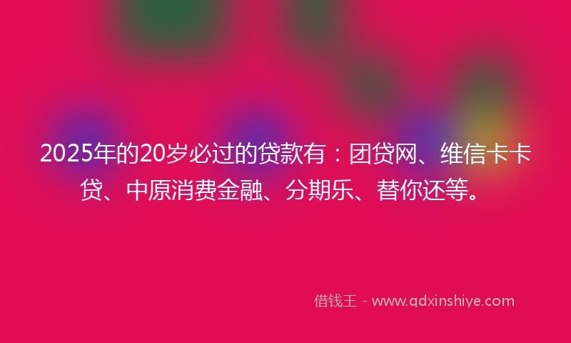 2025年的20岁必过的贷款有：团贷网、维信卡卡贷、中原消费金融、分期乐、替你还等。