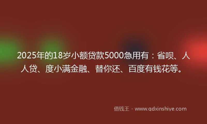 2025年的18岁小额贷款5000急用有：省呗、人人贷、度小满金融、替你还、百度有钱花等。
