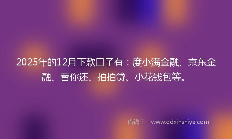 2025年的12月下款口子有：度小满金融、京东金融、替你还、拍拍贷、小花钱包等。