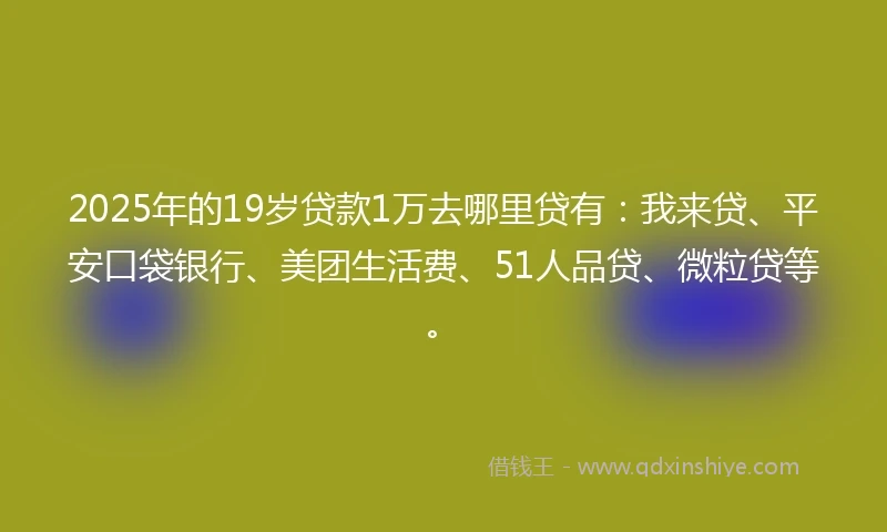 2025年的19岁贷款1万去哪里贷有：我来贷、平安口袋银行、美团生活费、51人品贷、微粒贷等。