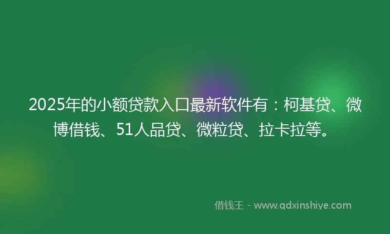 2025年的小额贷款入口最新软件有：柯基贷、微博借钱、51人品贷、微粒贷、拉卡拉等。