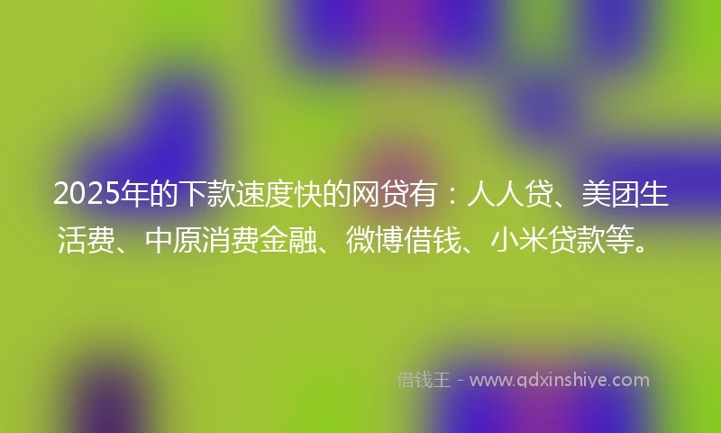 2025年的下款速度快的网贷有：人人贷、美团生活费、中原消费金融、微博借钱、小米贷款等。