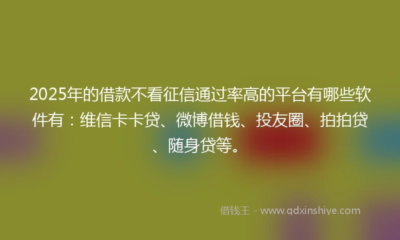 2025年的借款不看征信通过率高的平台有哪些软件有：维信卡卡贷、微博借钱、投友圈、拍拍贷、随身贷等。