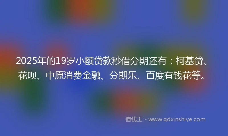 2025年的19岁小额贷款秒借分期还有：柯基贷、花呗、中原消费金融、分期乐、百度有钱花等。