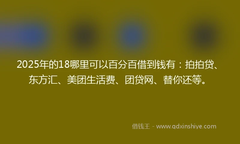 2025年的18哪里可以百分百借到钱有：拍拍贷、东方汇、美团生活费、团贷网、替你还等。