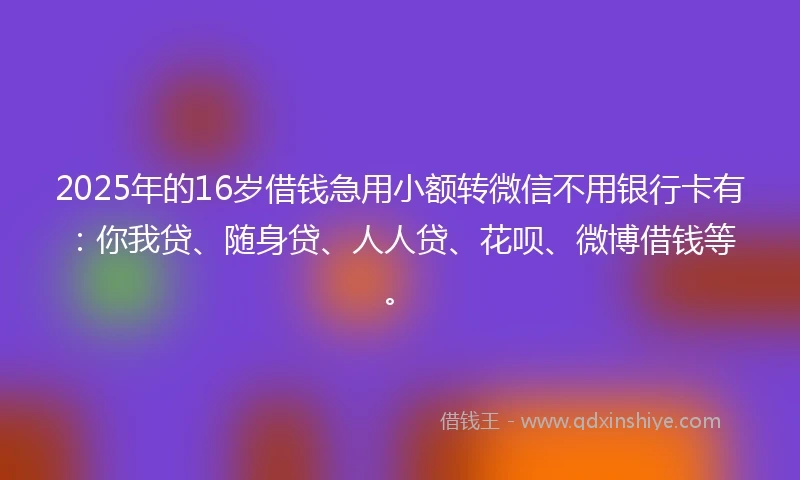 2025年的16岁借钱急用小额转微信不用银行卡有：你我贷、随身贷、人人贷、花呗、微博借钱等。