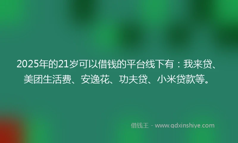 2025年的21岁可以借钱的平台线下有：我来贷、美团生活费、安逸花、功夫贷、小米贷款等。