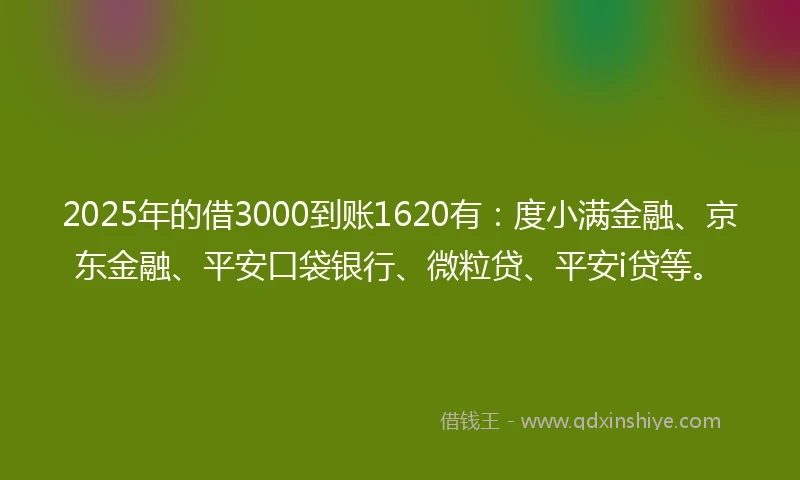 2025年的借3000到账1620有：度小满金融、京东金融、平安口袋银行、微粒贷、平安i贷等。