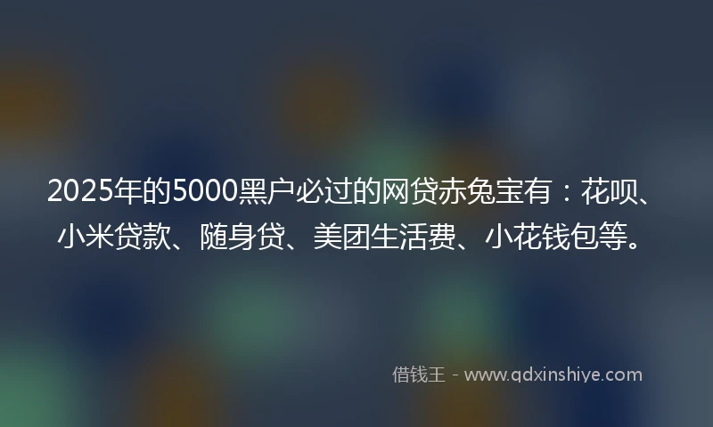 2025年的5000黑户必过的网贷赤兔宝有：花呗、小米贷款、随身贷、美团生活费、小花钱包等。