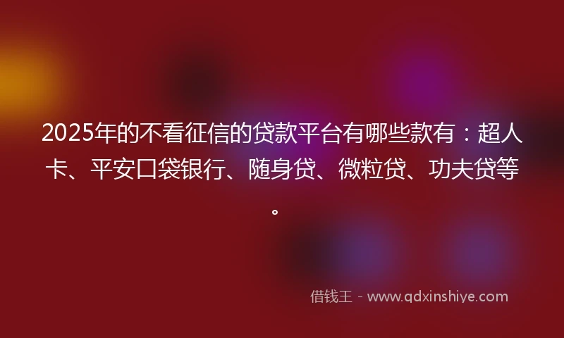 2025年的不看征信的贷款平台有哪些款有：超人卡、平安口袋银行、随身贷、微粒贷、功夫贷等。
