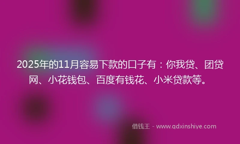 2025年的11月容易下款的口子有：你我贷、团贷网、小花钱包、百度有钱花、小米贷款等。
