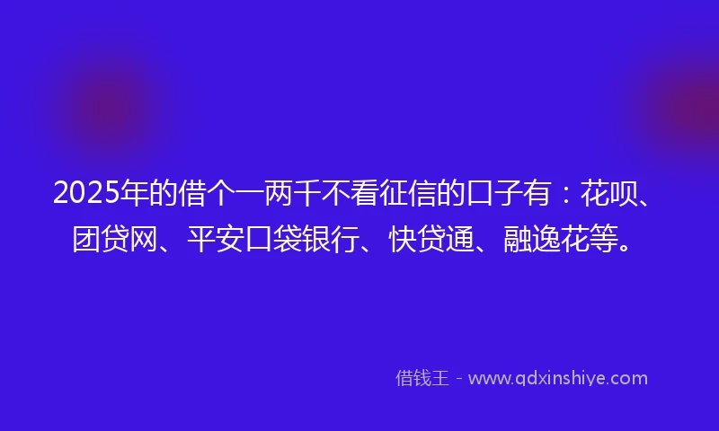 2025年的借个一两千不看征信的口子有：花呗、团贷网、平安口袋银行、快贷通、融逸花等。