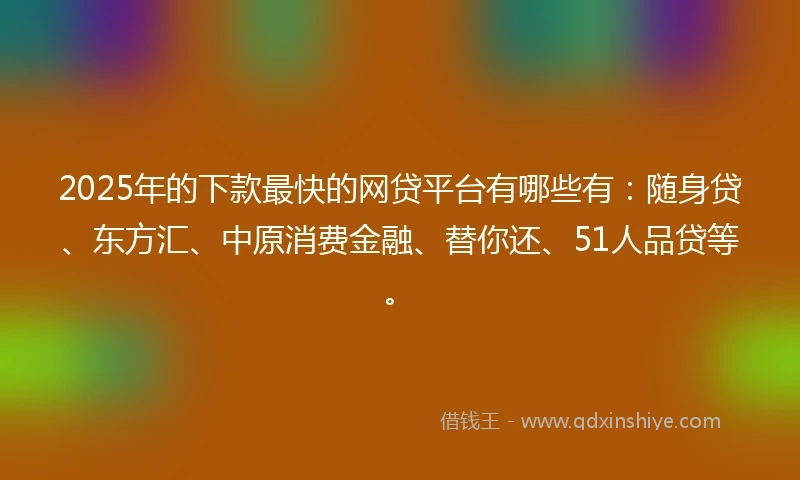 2025年的下款最快的网贷平台有哪些有：随身贷、东方汇、中原消费金融、替你还、51人品贷等。