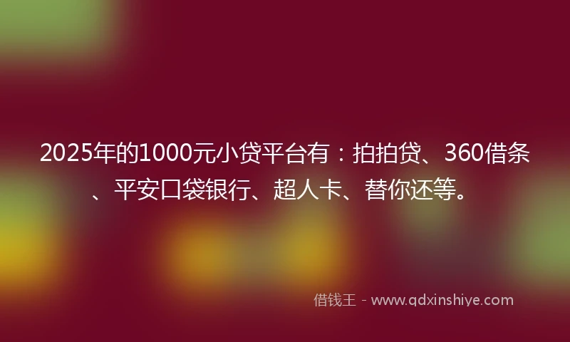 2025年的1000元小贷平台有：拍拍贷、360借条、平安口袋银行、超人卡、替你还等。