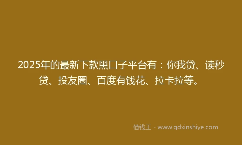2025年的最新下款黑口子平台有：你我贷、读秒贷、投友圈、百度有钱花、拉卡拉等。