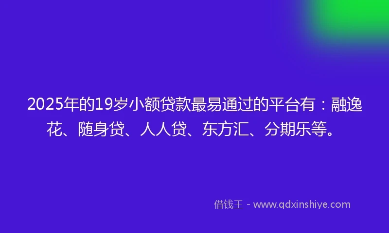 2025年的19岁小额贷款最易通过的平台有：融逸花、随身贷、人人贷、东方汇、分期乐等。