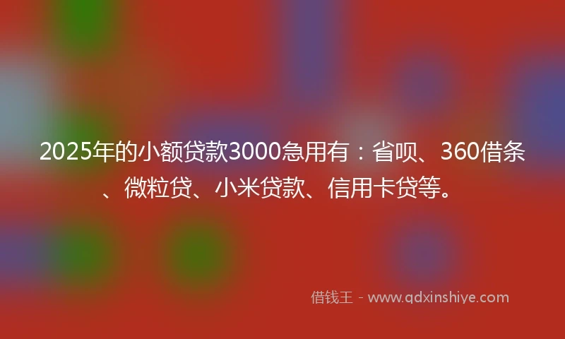 2025年的小额贷款3000急用有：省呗、360借条、微粒贷、小米贷款、信用卡贷等。