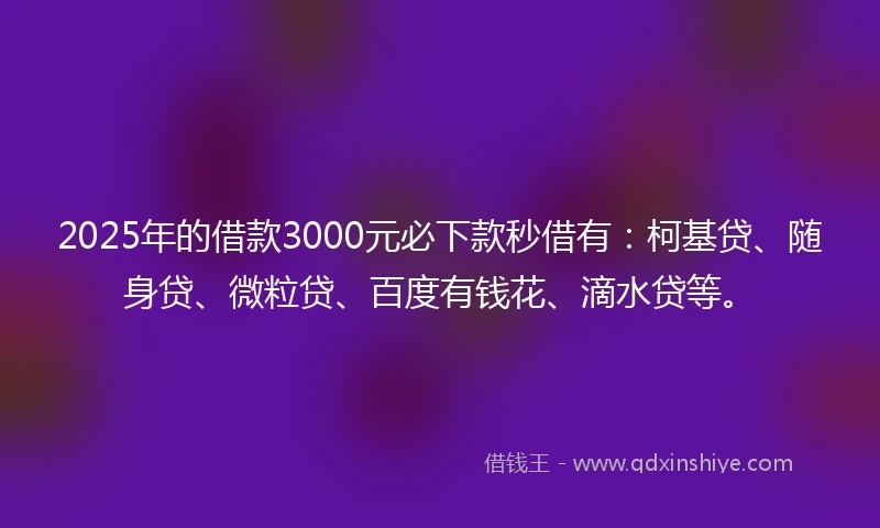 2025年的借款3000元必下款秒借有：柯基贷、随身贷、微粒贷、百度有钱花、滴水贷等。