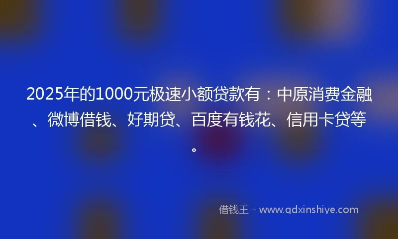2025年的1000元极速小额贷款有：中原消费金融、微博借钱、好期贷、百度有钱花、信用卡贷等。