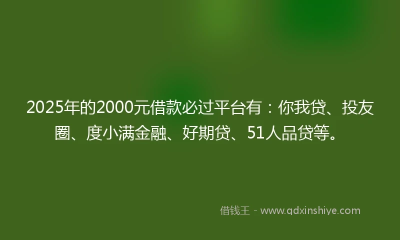 2025年的2000元借款必过平台有：你我贷、投友圈、度小满金融、好期贷、51人品贷等。