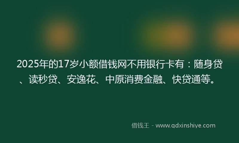 2025年的17岁小额借钱网不用银行卡有：随身贷、读秒贷、安逸花、中原消费金融、快贷通等。