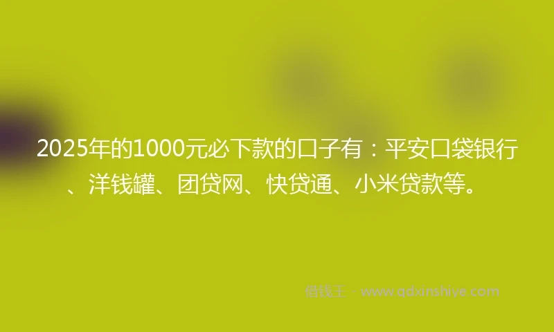 2025年的1000元必下款的口子有：平安口袋银行、洋钱罐、团贷网、快贷通、小米贷款等。