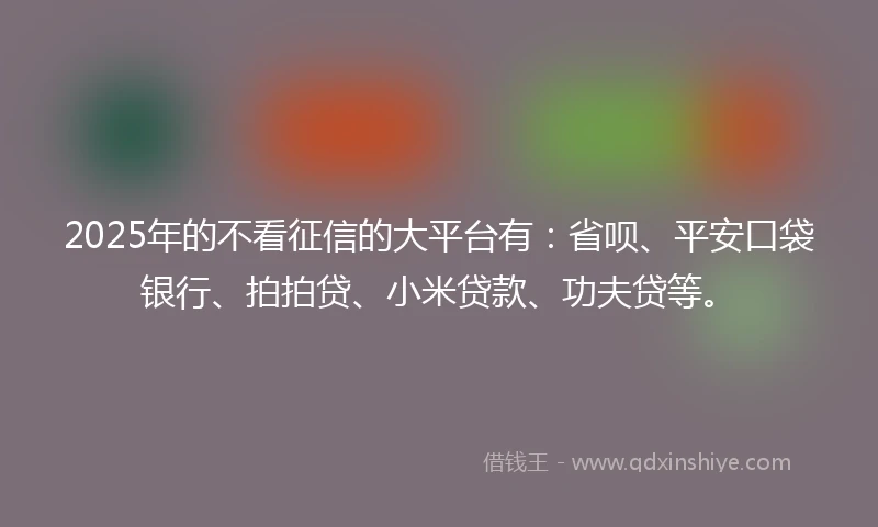 2025年的不看征信的大平台有：省呗、平安口袋银行、拍拍贷、小米贷款、功夫贷等。