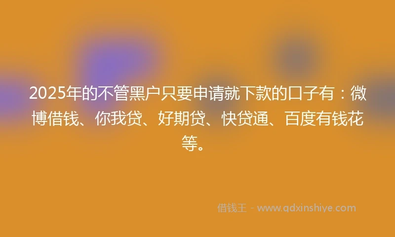 2025年的不管黑户只要申请就下款的口子有：微博借钱、你我贷、好期贷、快贷通、百度有钱花等。